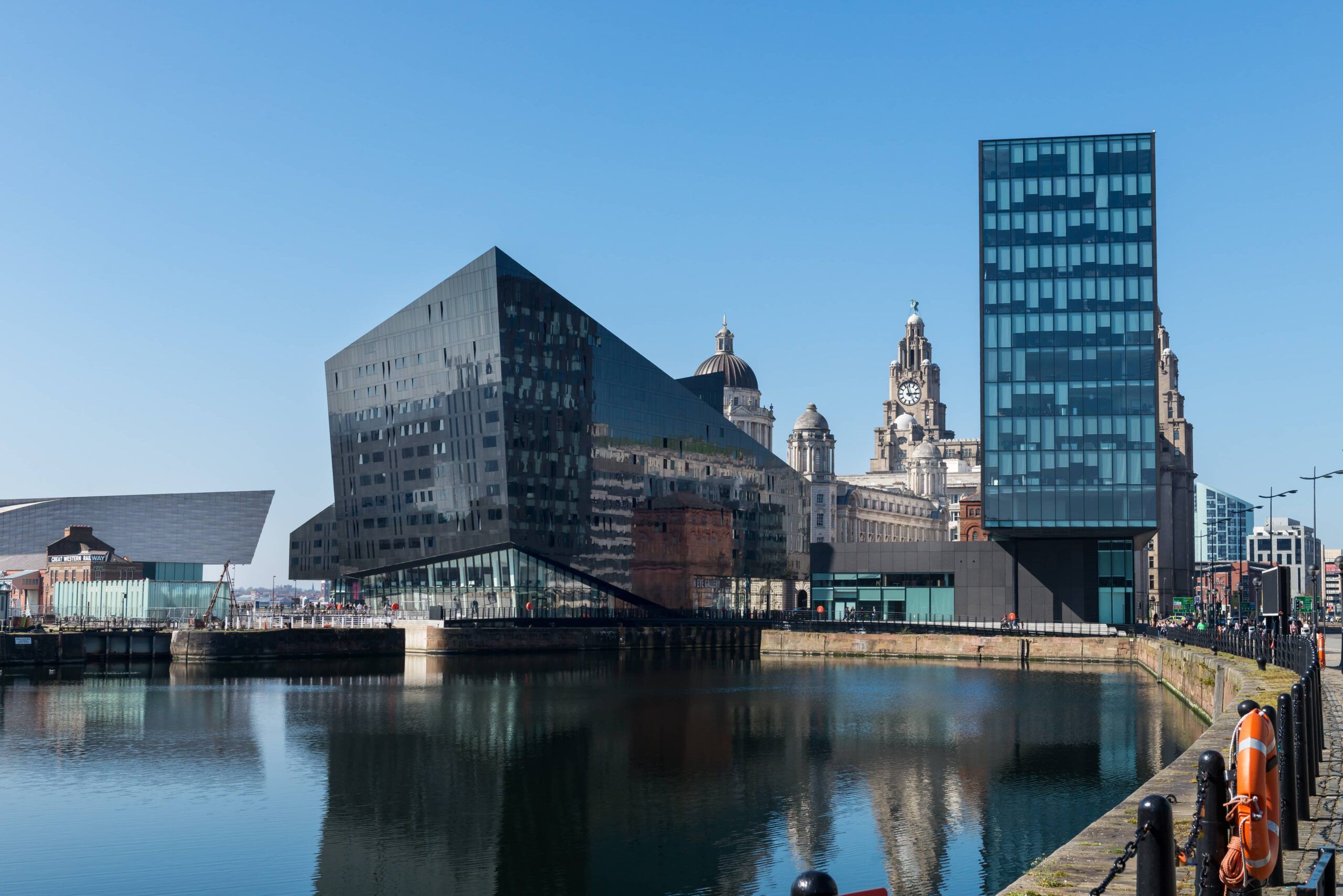 Liverpool city skyscrapers with the river.